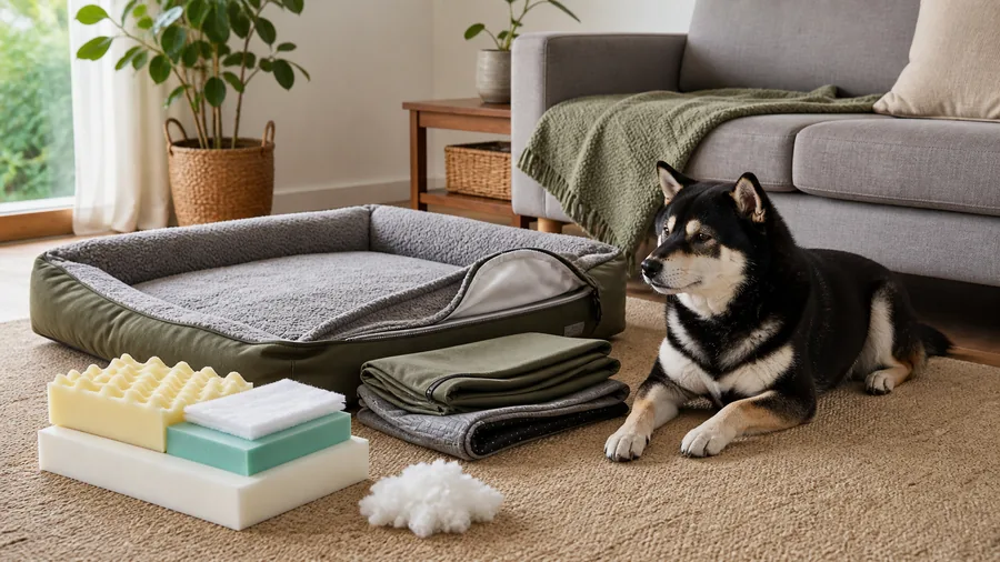 Black and tan Shiba Inu resting beside a dog bed, removable cover, liner, foam, and fill samples.