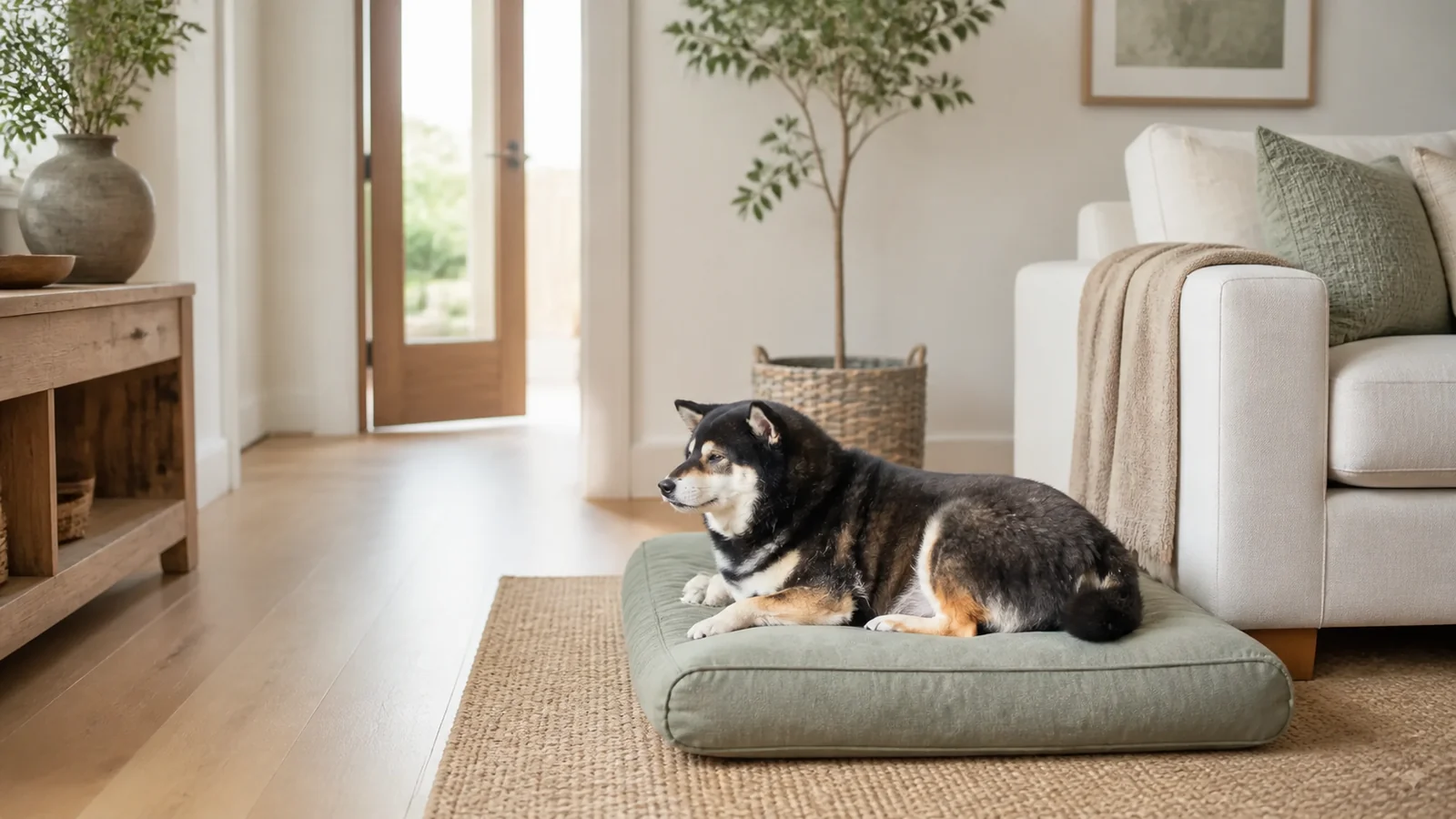 Illustrative scene of Mr. Smoky on a bed beside a sofa with a clear walking route