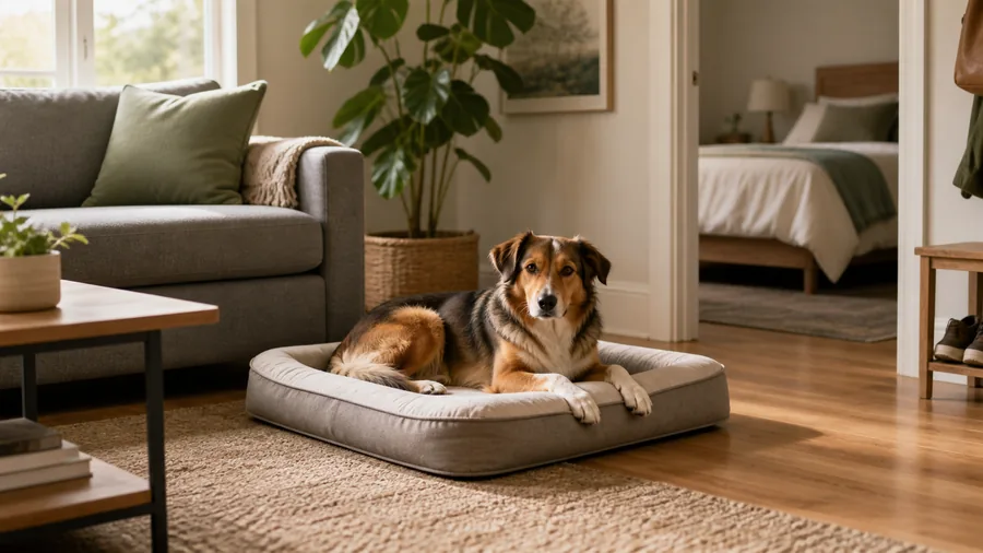 Dog resting on a low dog bed beside a sofa with clear walking space in a warm modern home.