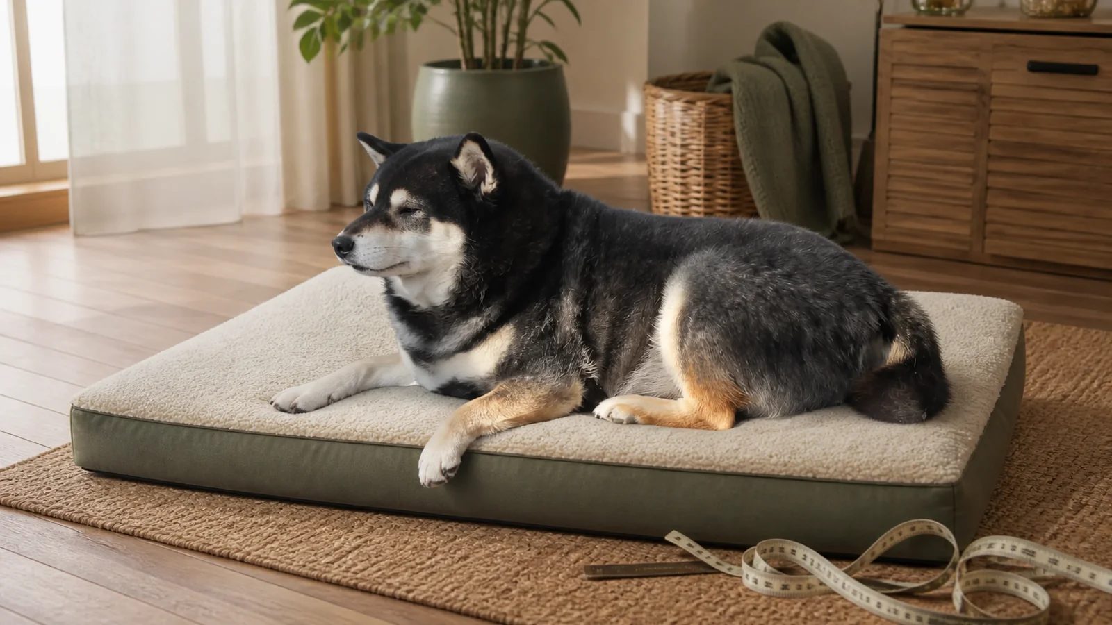 Illustrative scene of Mr. Smoky stretched on a bed with measuring tape beside it