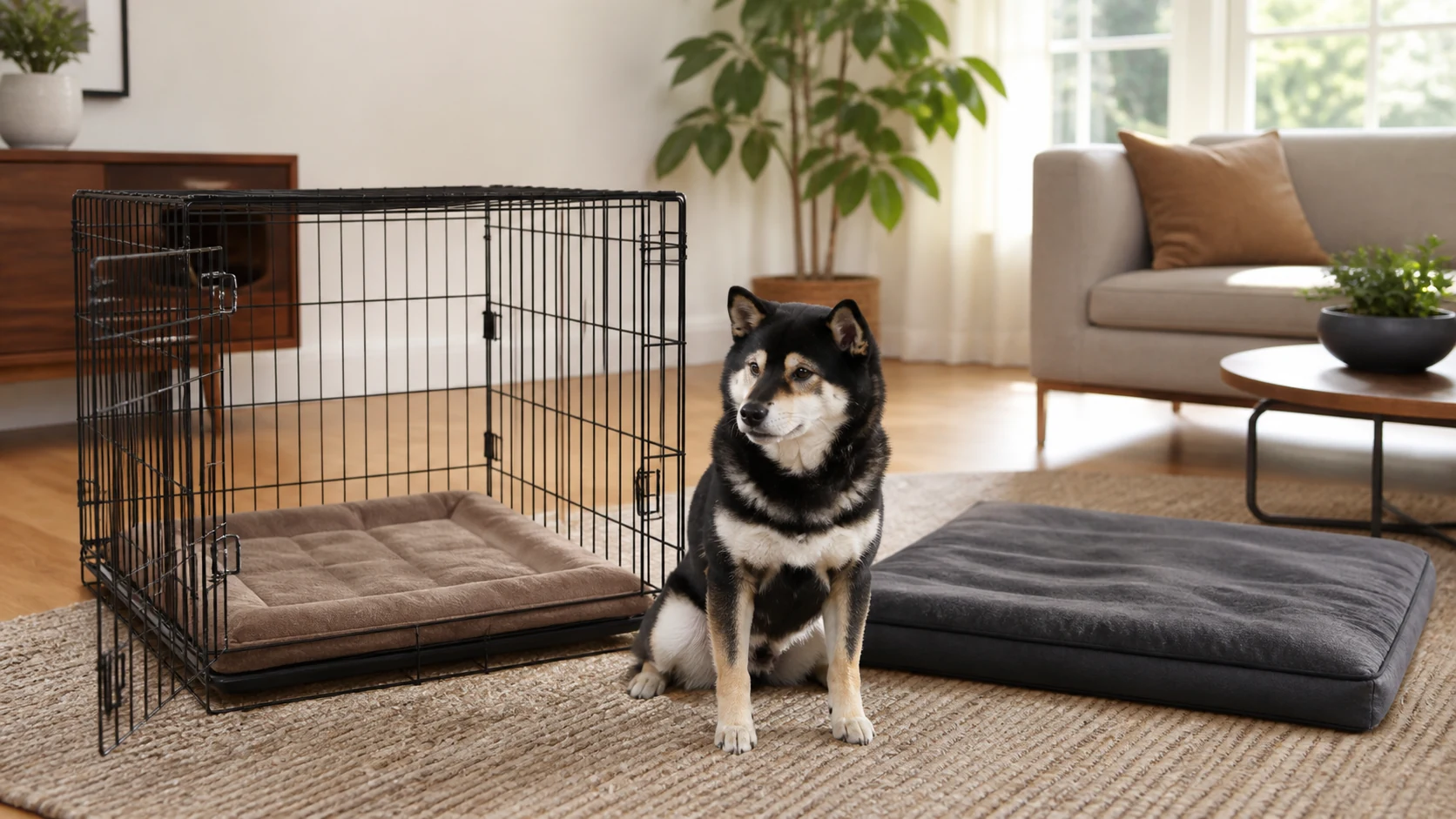 Black and tan Shiba Inu sitting beside an open wire crate with a crate mat and a separate flat dog bed in a living room.