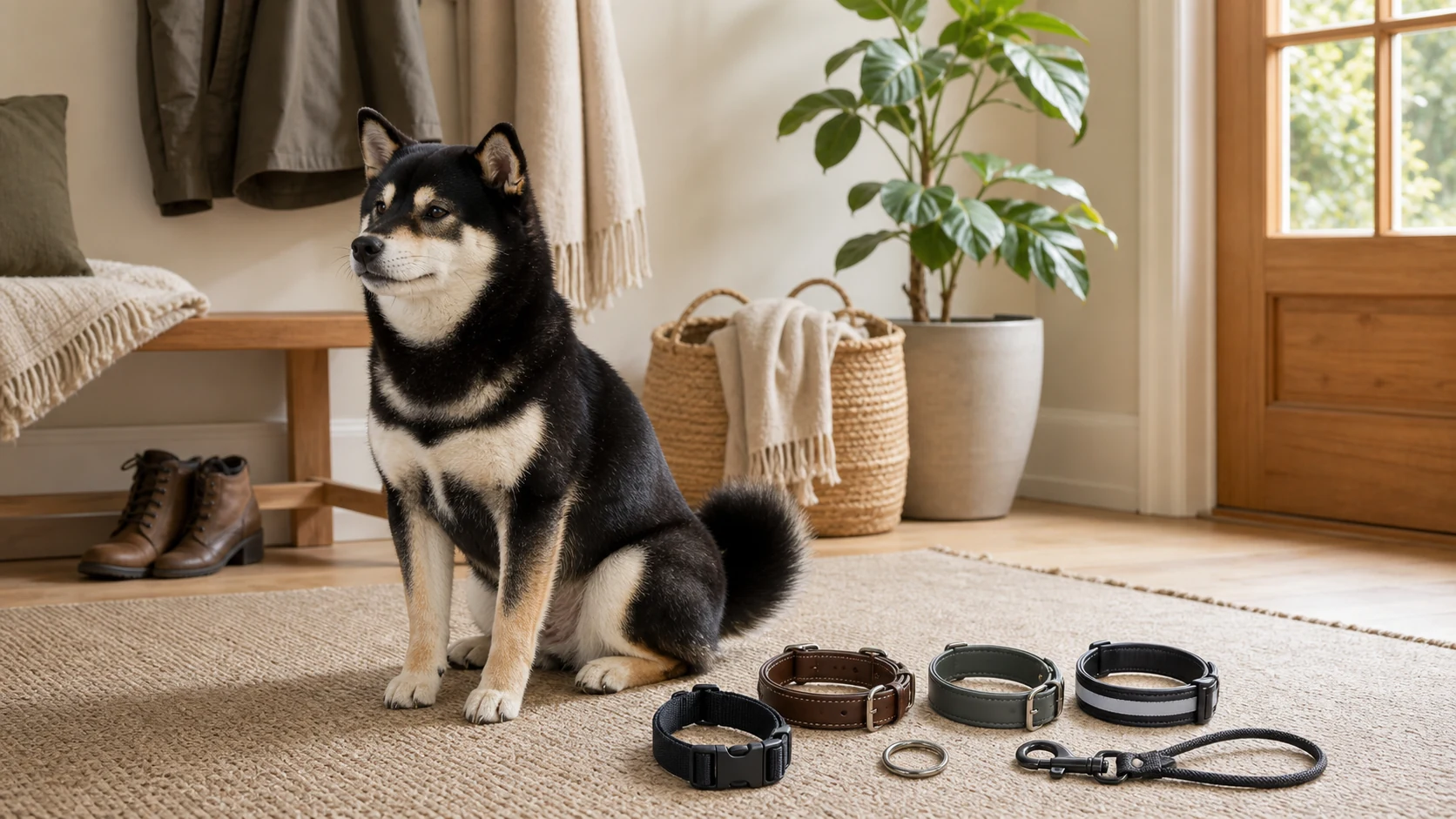 Black and tan Shiba Inu sitting beside nylon, leather, coated, and reflective dog collars in a warm entryway.