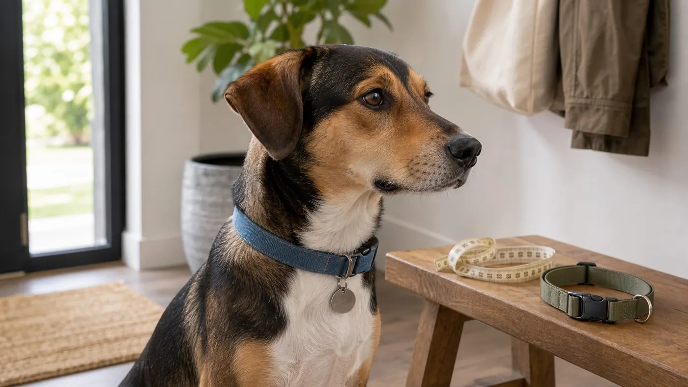 Dog sitting near everyday collar and leash gear in a home entryway