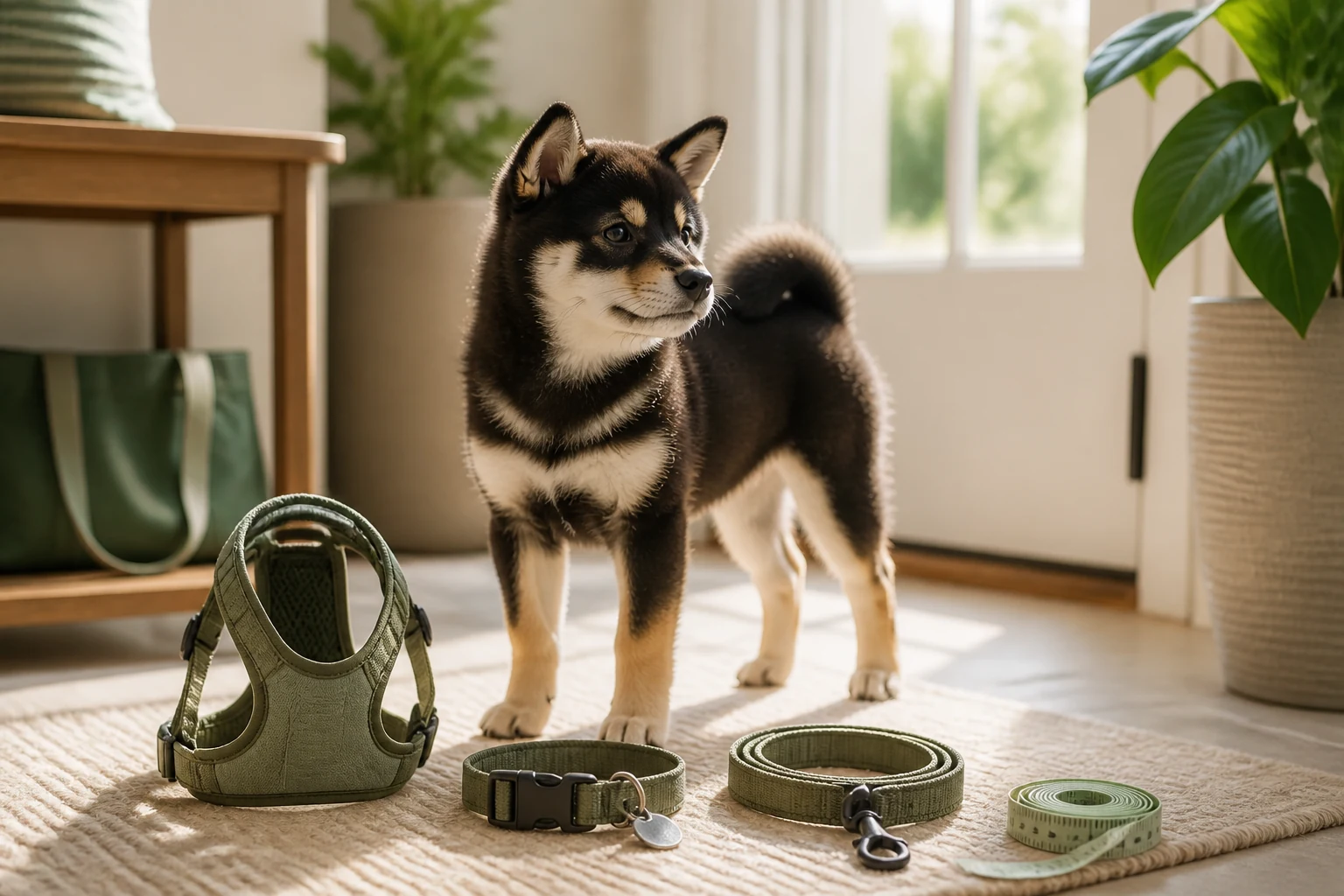 Black and tan Shiba Inu puppy beside a small collar, harness, leash, and measuring tape in a warm entryway.