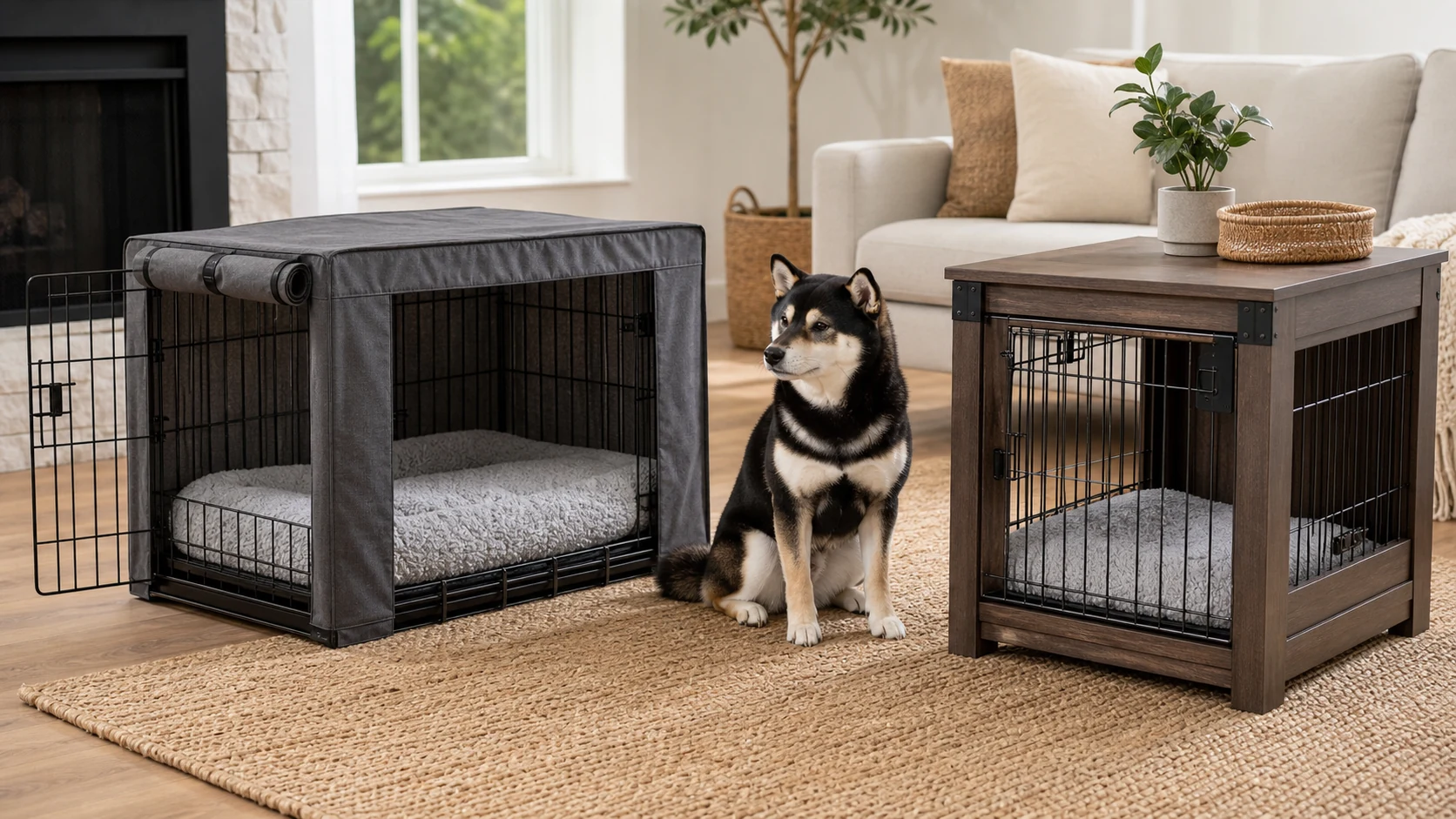Black and tan Shiba Inu sitting between a covered wire dog crate and a furniture-style dog crate end table in a living room.