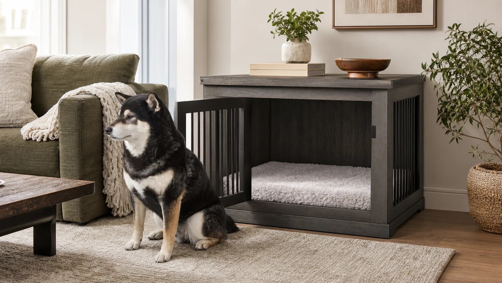 Black and tan Shiba Inu sitting beside an open furniture-style dog crate end table in a warm living room.