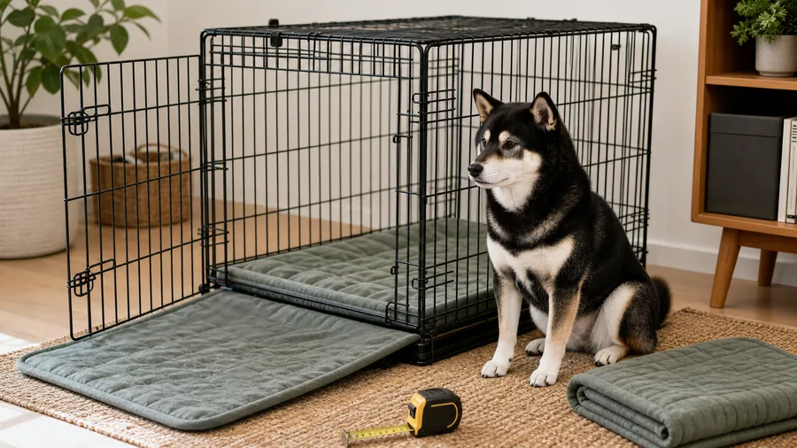 Black and tan Shiba Inu sitting beside an open wire crate with washable crate mats and a measuring tape.