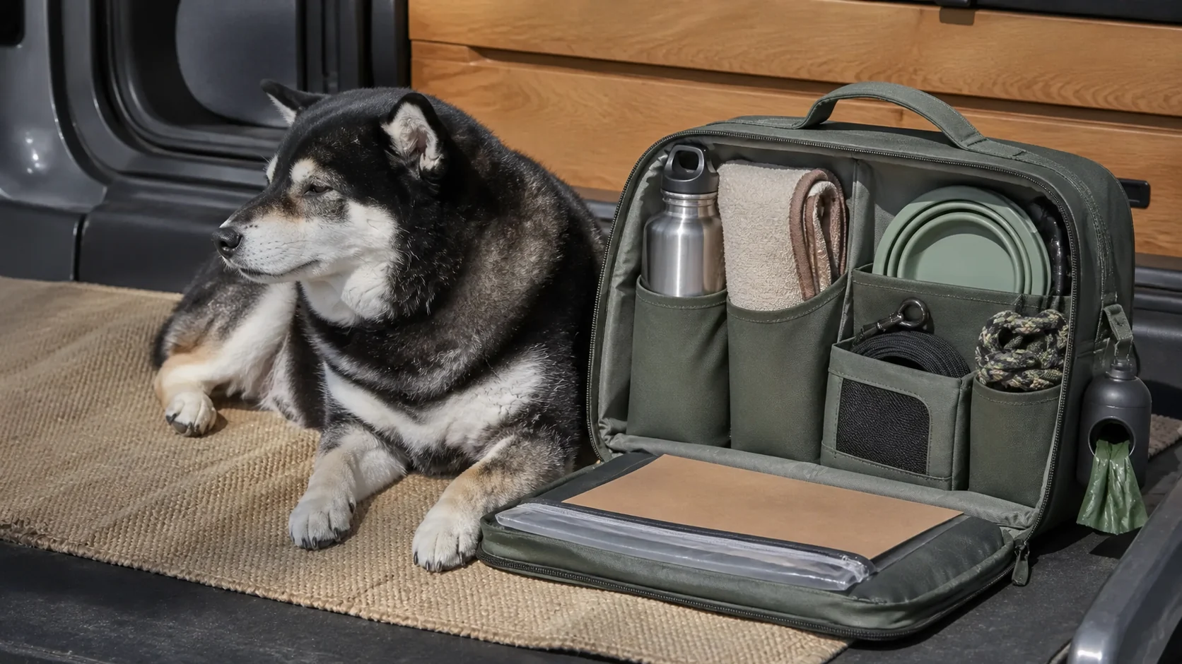 Mr. Smoky beside an open dog gear bag organized with practical travel supplies