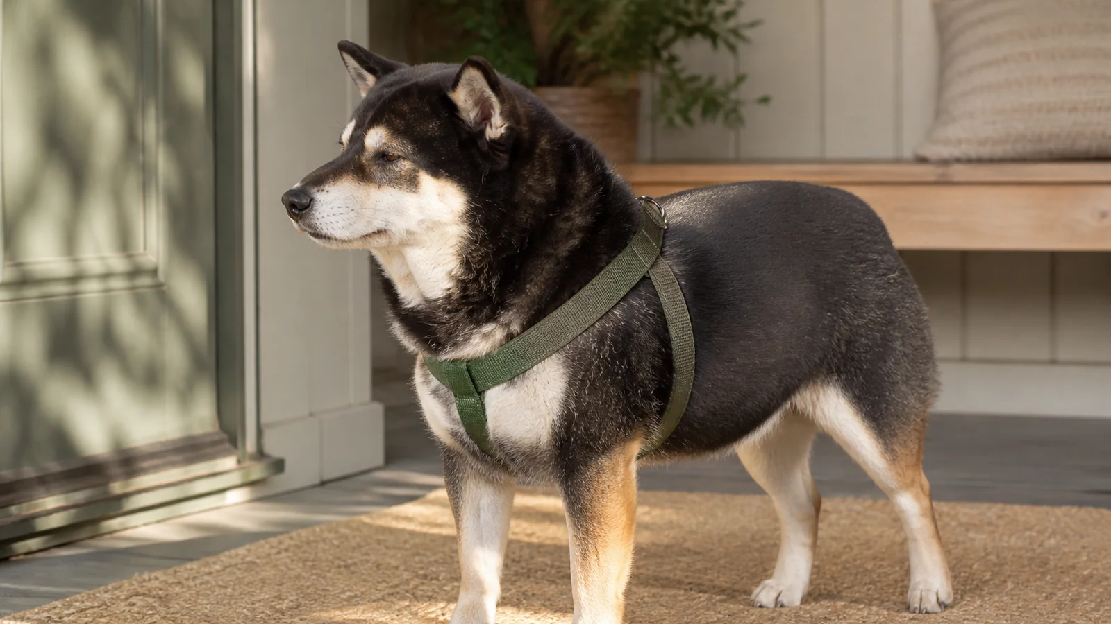 Illustrative scene of Mr. Smoky wearing a Y-front harness with chest and shoulder area visible