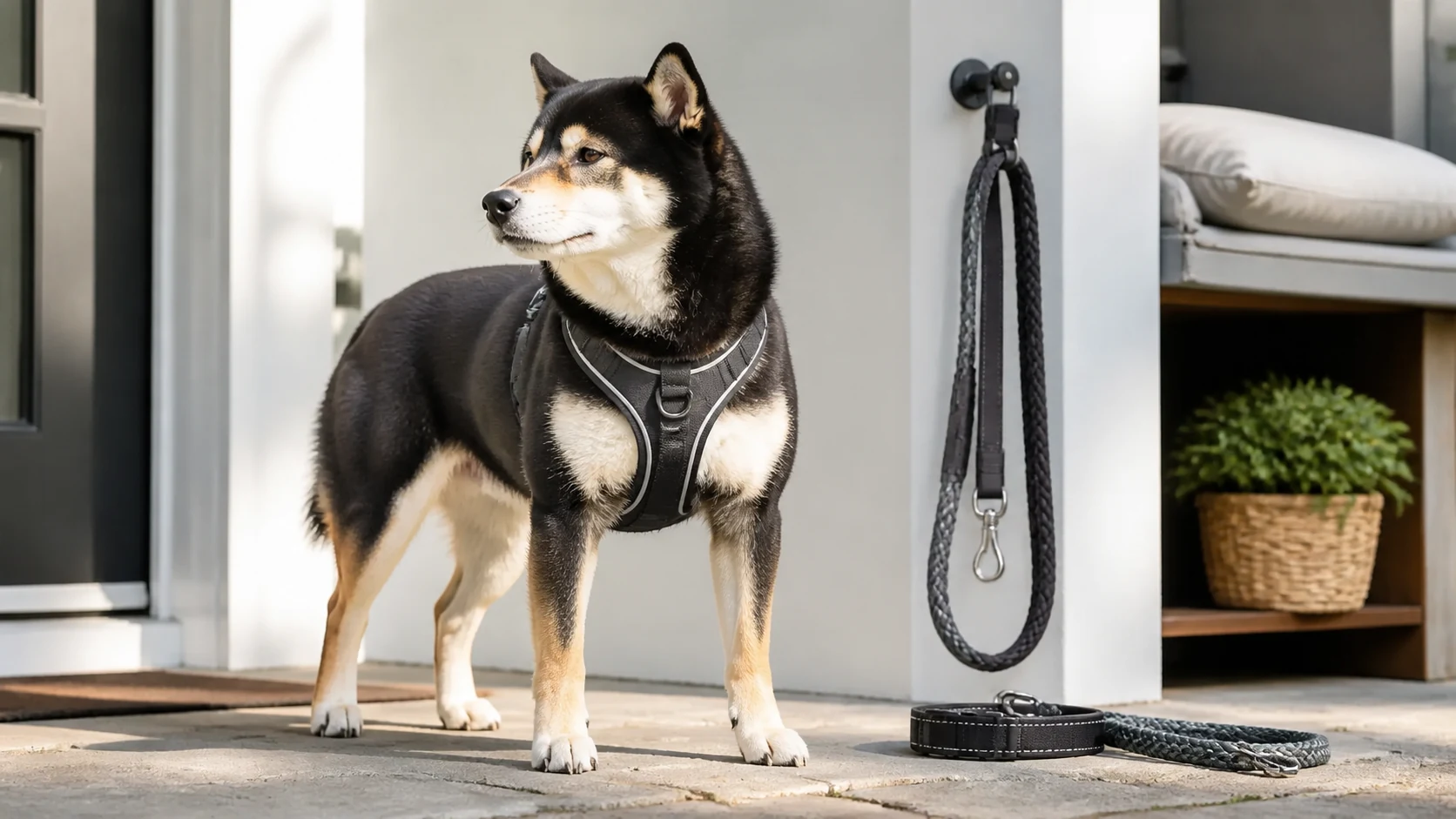 Black and tan Shiba Inu wearing a fitted harness beside a flat collar and leash near a home entryway.