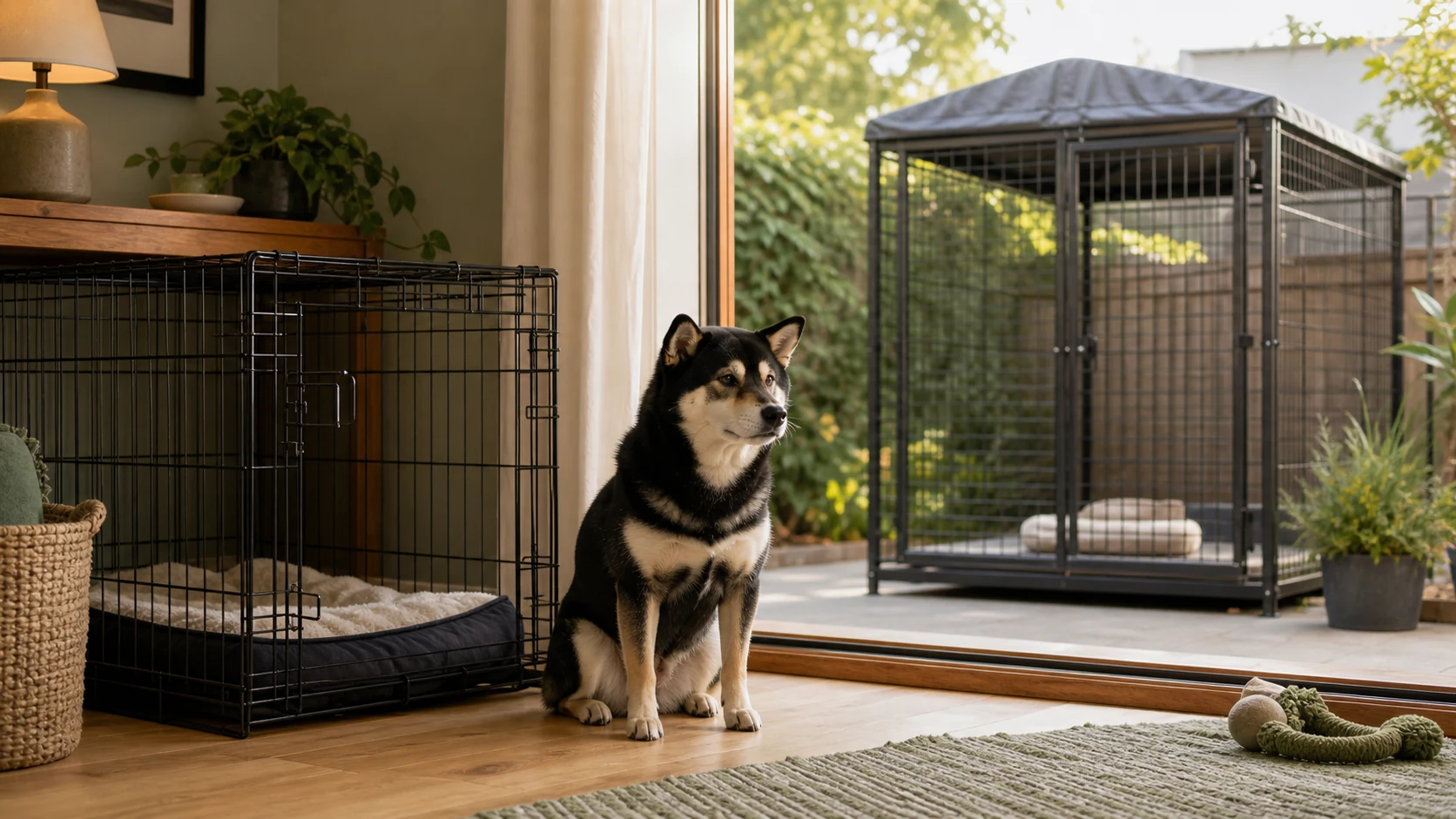 Black and tan Shiba Inu sitting between an indoor wire crate and an outdoor dog kennel in a warm home.