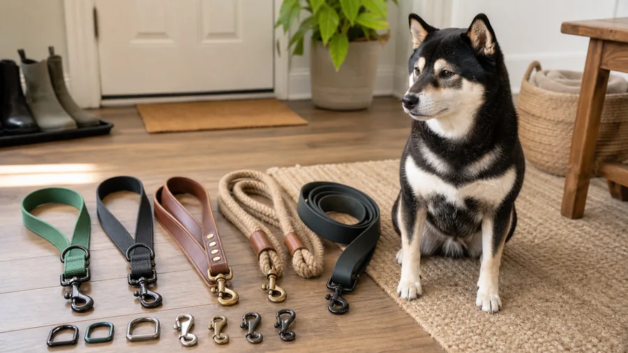 Black and tan Shiba Inu sitting beside nylon, leather, rope, and coated dog leashes in a home entryway.