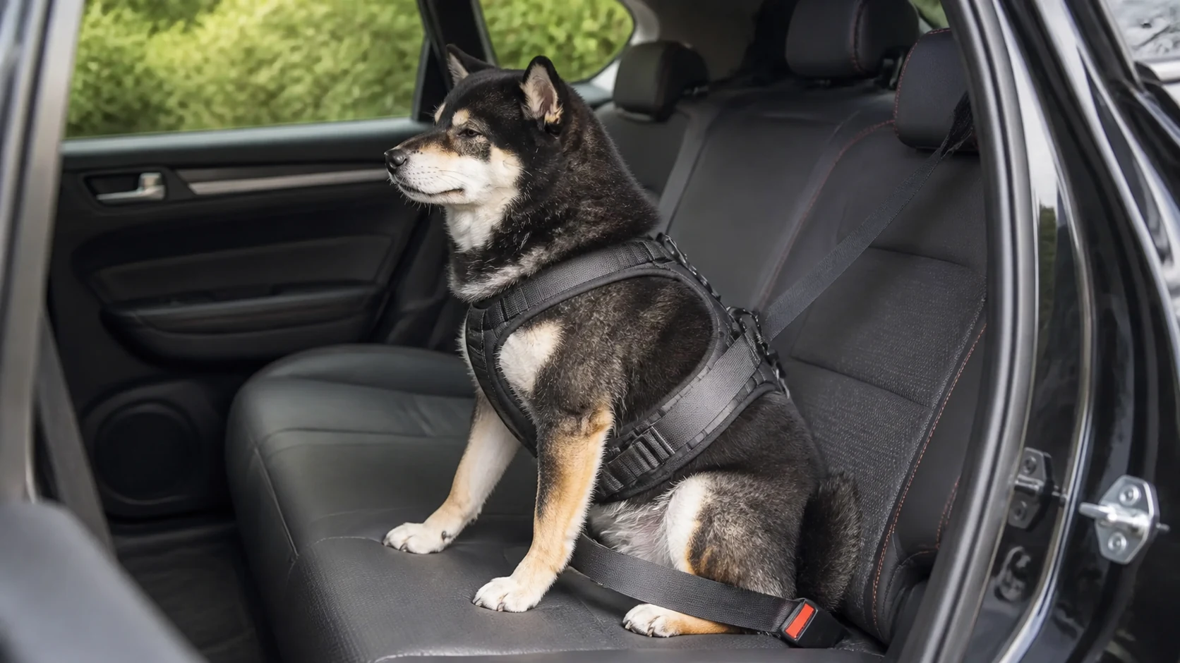 Mr. Smoky secured with a purpose-built dog car harness on a rear vehicle seat