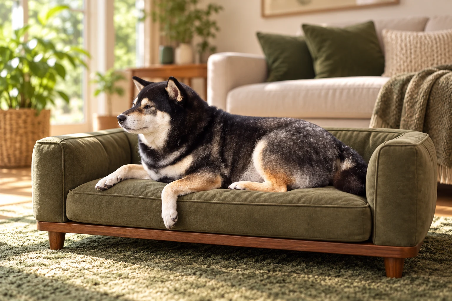 Illustrative Mr. Smoky resting on a low framed olive dog sofa with a removable cushion