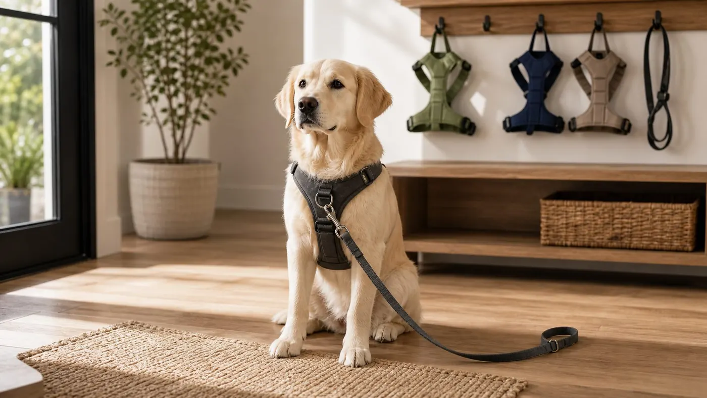 Dog wearing a well fitted harness near neatly organized walking gear