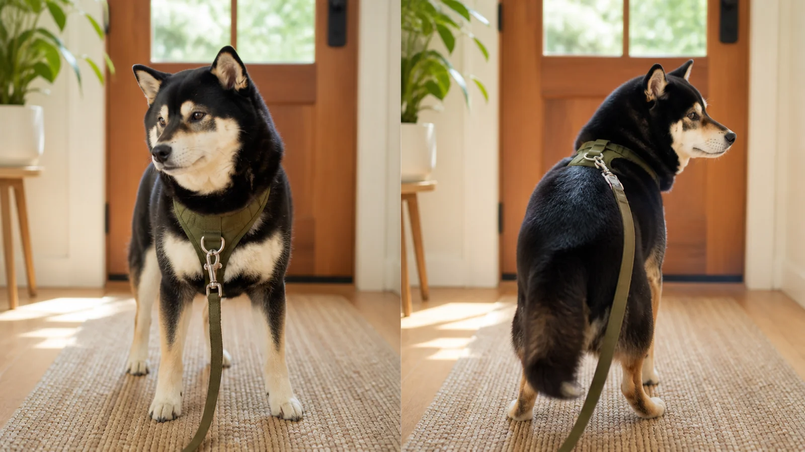 Illustrative scene of Mr. Smoky in a front-clip and back-clip harness comparison
