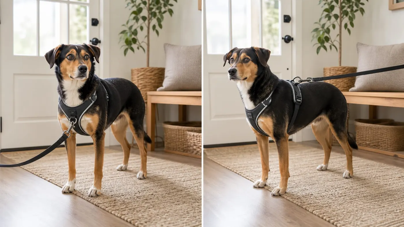 Close view of a comfortable dog harness fit in a bright entryway