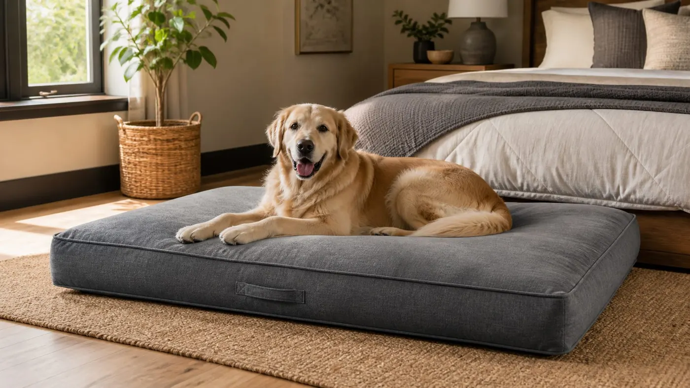 Large dog resting in a supportive green dog bed in a warm bedroom