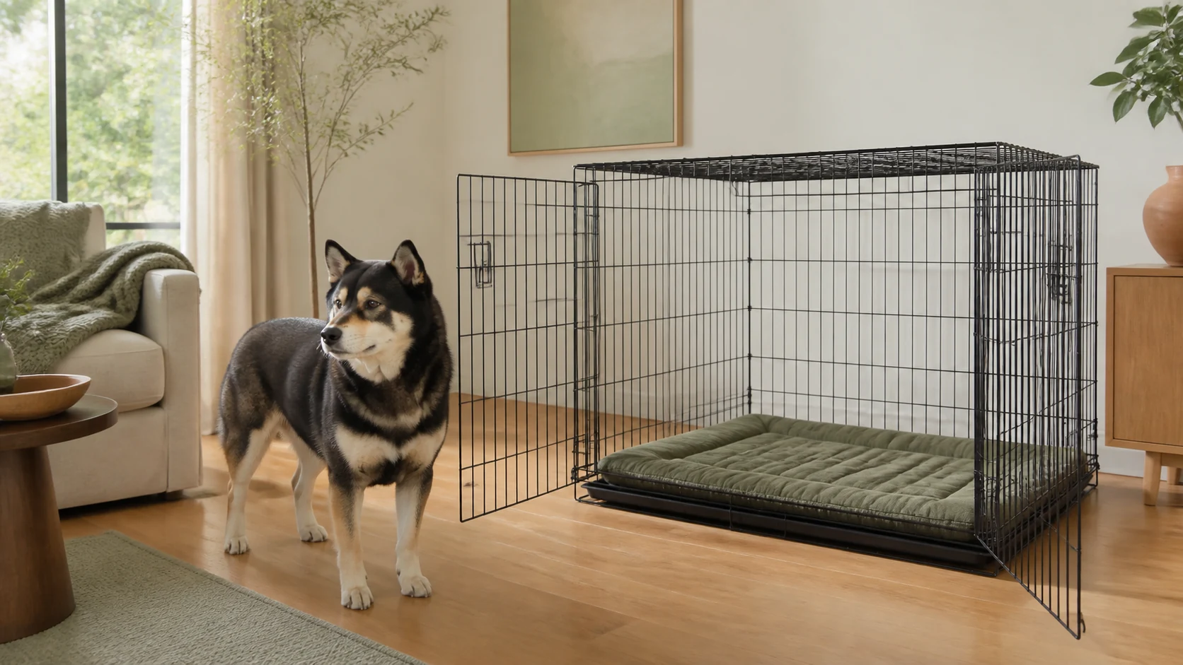 Mr. Smoky beside a spacious large dog crate in a bright living room