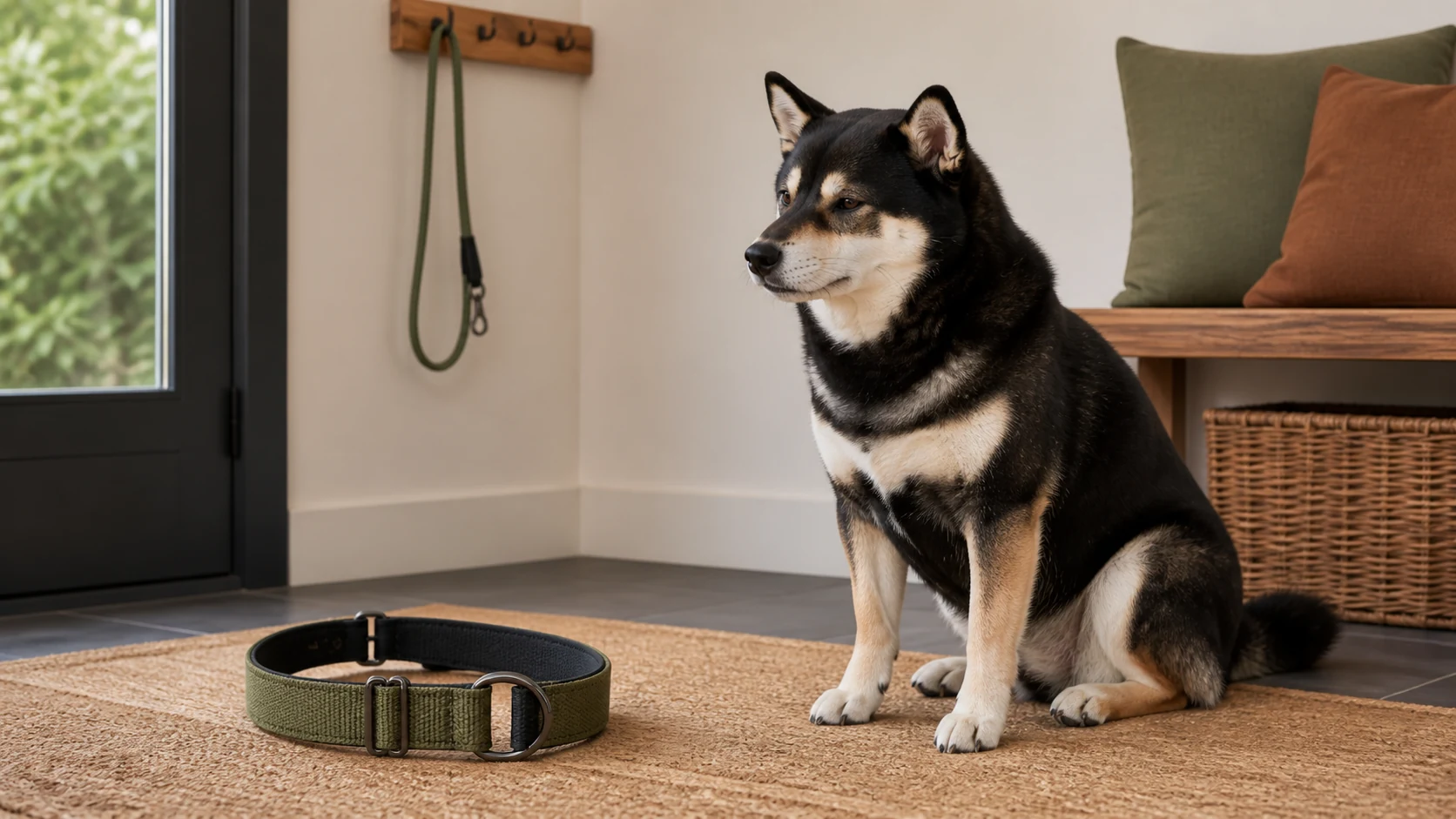 Mr. Smoky beside a correctly adjusted fabric martingale dog collar