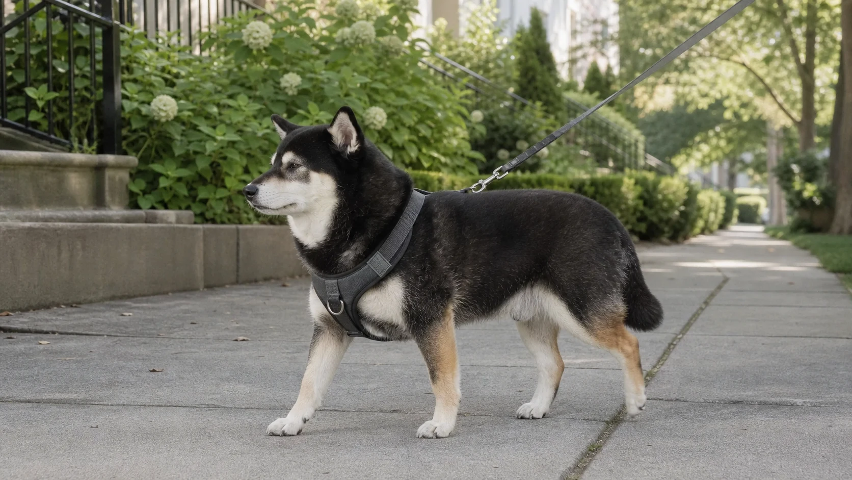Mr. Smoky wearing a front-clip dog harness during a calm neighborhood walk