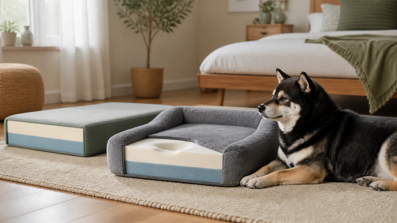 Black and tan Shiba Inu resting beside two supportive dog bed foam styles in a warm modern bedroom.