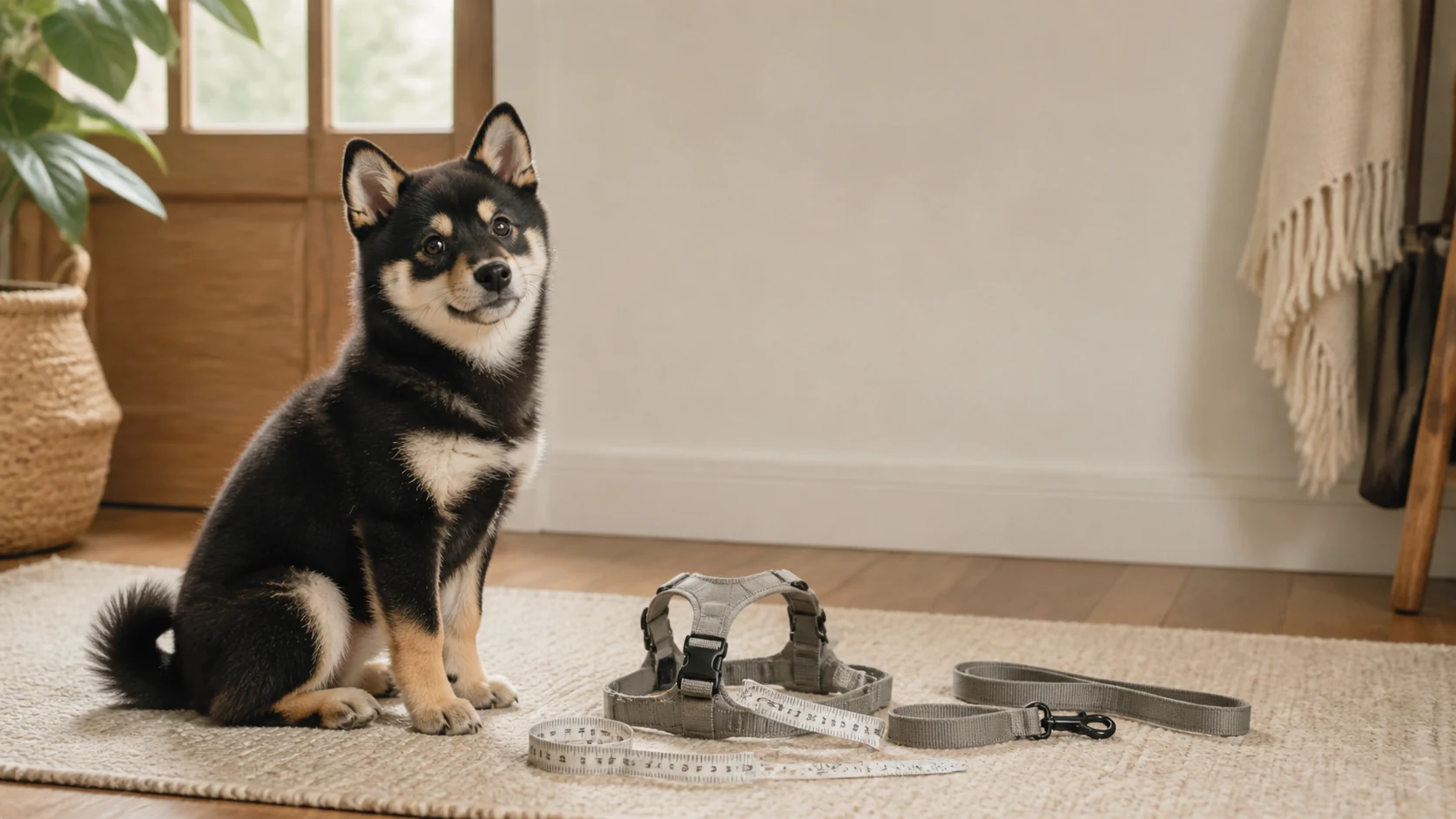 Black and tan Shiba Inu puppy beside a lightweight harness, leash, and measuring tape in a warm entryway.