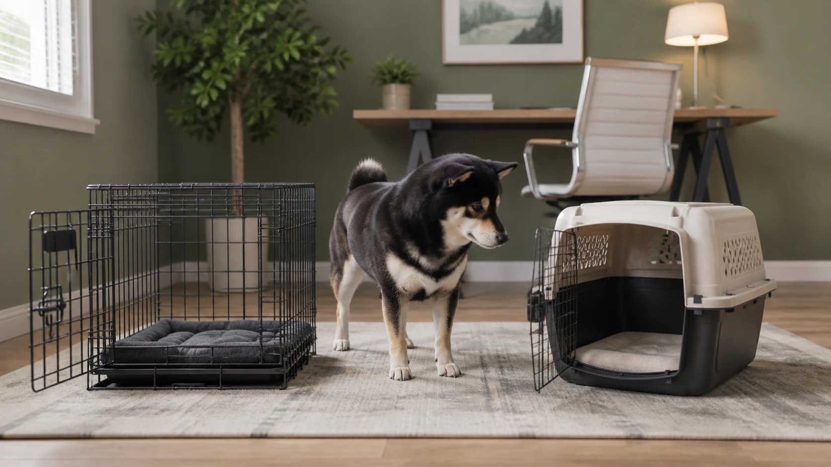 Mr. Smoky inspecting a well-sized small dog crate with a low-profile mat