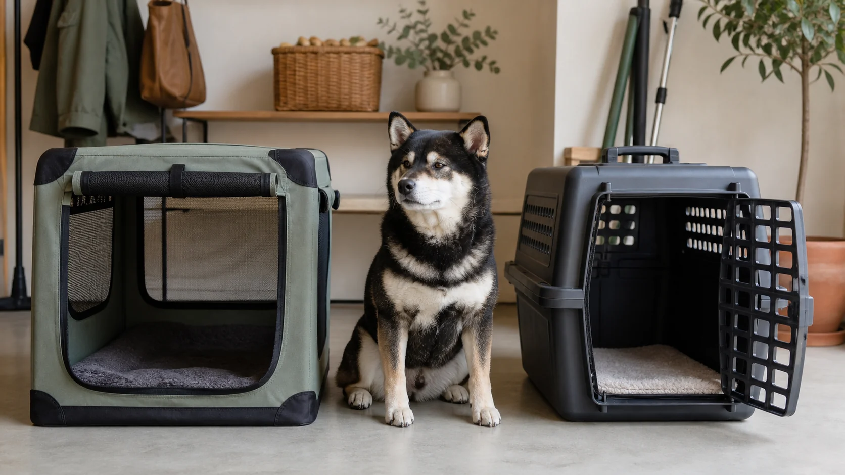 Mr. Smoky sitting between a soft folding crate and a structured portable crate