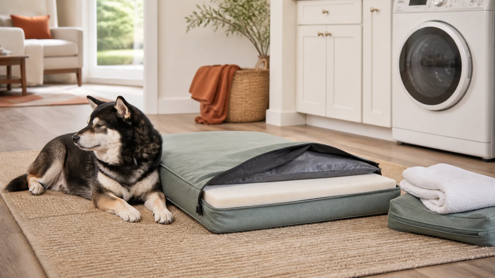 Mr. Smoky beside a waterproof dog bed with its removable cover and protective foam liner visible
