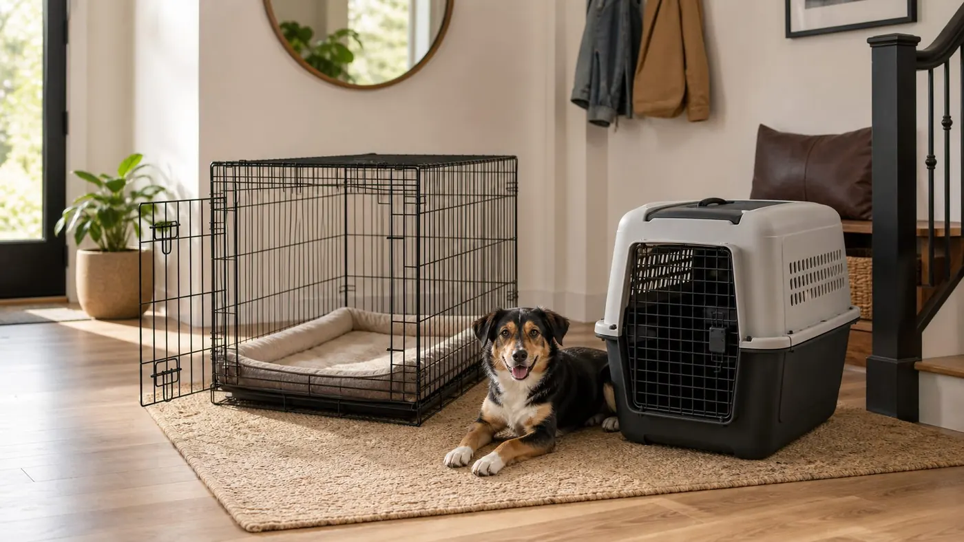Dog crates arranged in a polished home setting