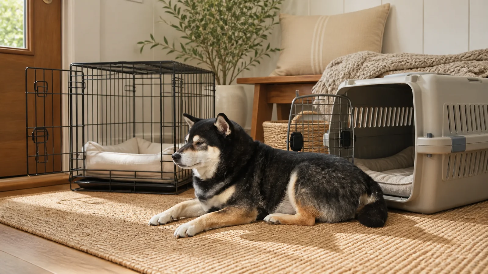 Illustrative scene of Mr. Smoky between an open wire crate and a plastic carrier