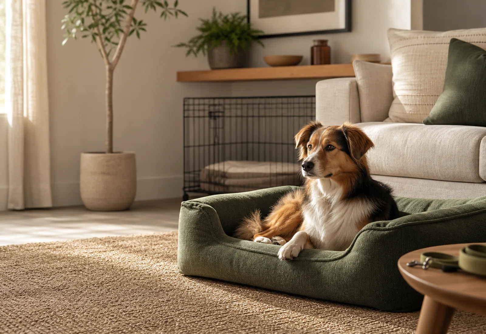 Calm dog relaxing beside a dog bed, leash, and crate in a warm modern home
