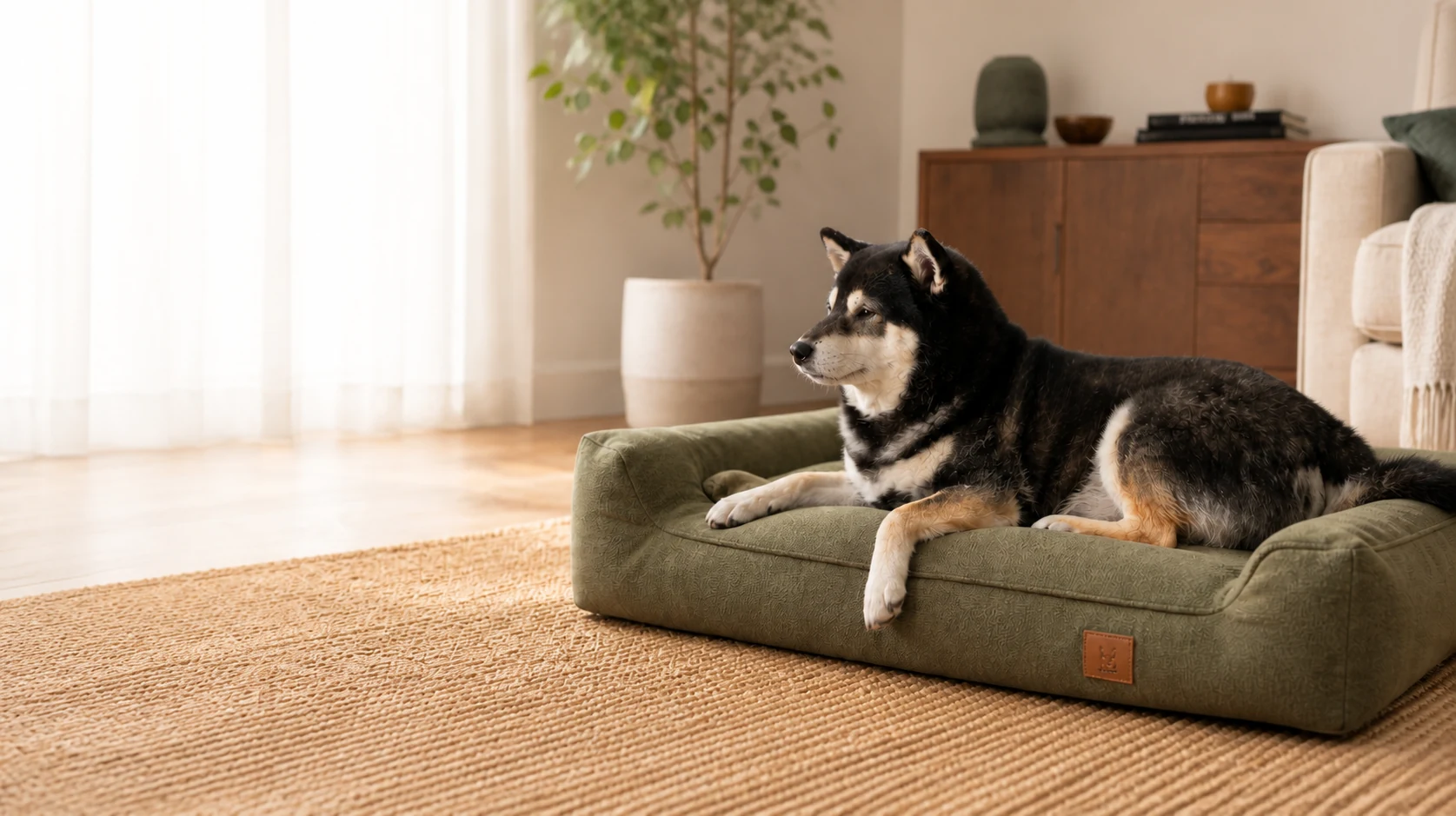 Mr. Smoky, a black-and-tan Shiba Inu, relaxing on an olive dog bed in a bright living room