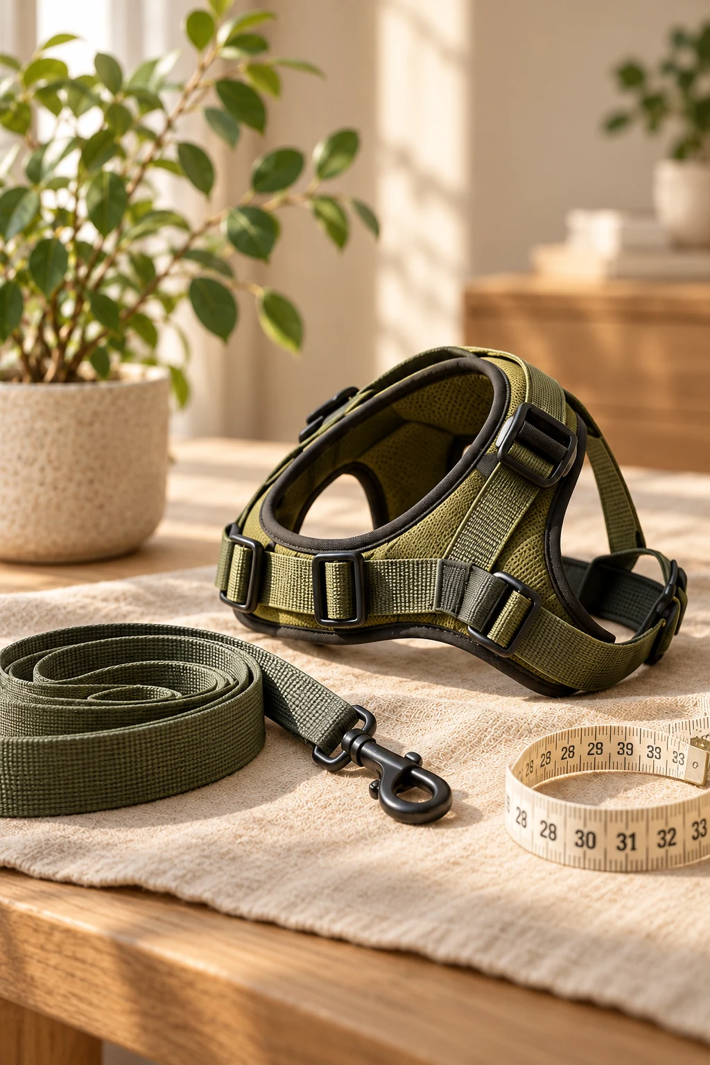 Illustrative still life of a sage harness, leash and measuring tape on warm linen