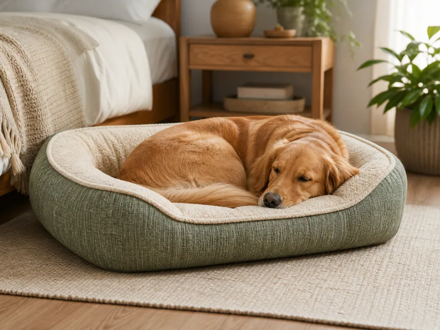 Dog resting in a supportive bed in a warm modern bedroom