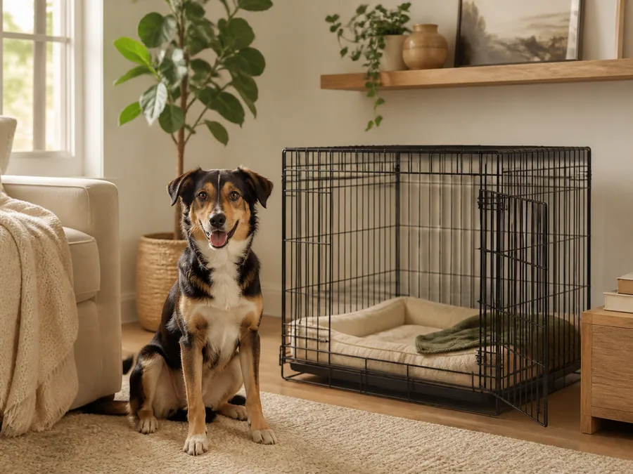 Dog sitting calmly beside a home dog crate with a soft mat