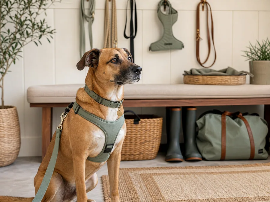 Dog wearing a well fitted harness near neatly organized walking gear