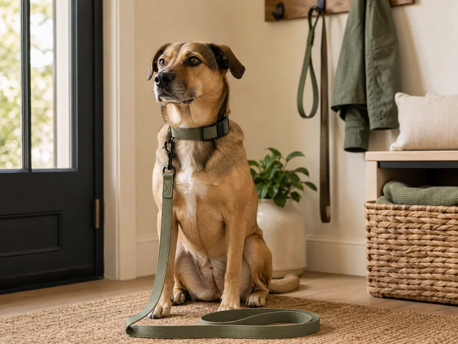 Dog sitting near everyday collar and leash gear in a home entryway