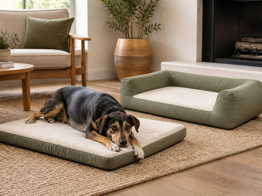Dog stretched out on a bed with space around the body