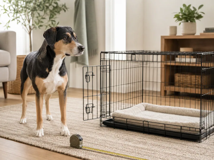 Dog standing near an open crate with sizing context in a modern room