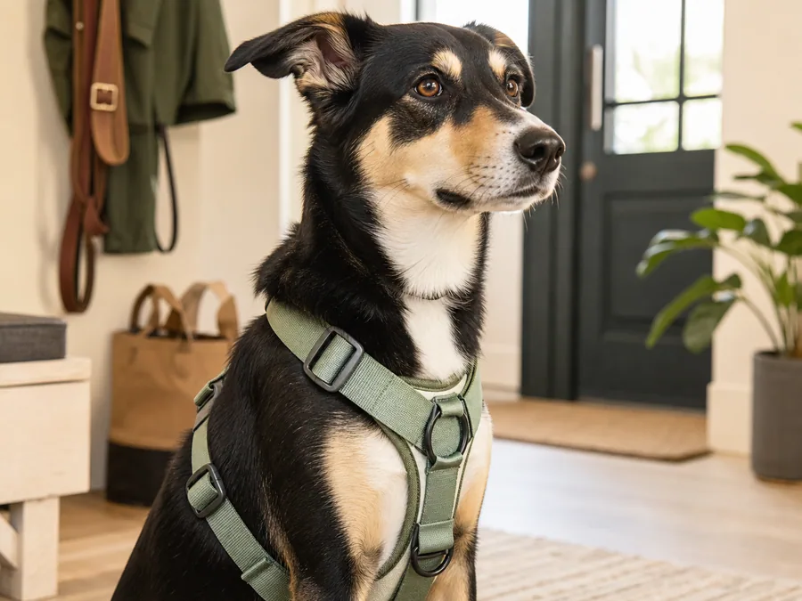 Close view of a comfortable dog harness fit in a bright entryway
