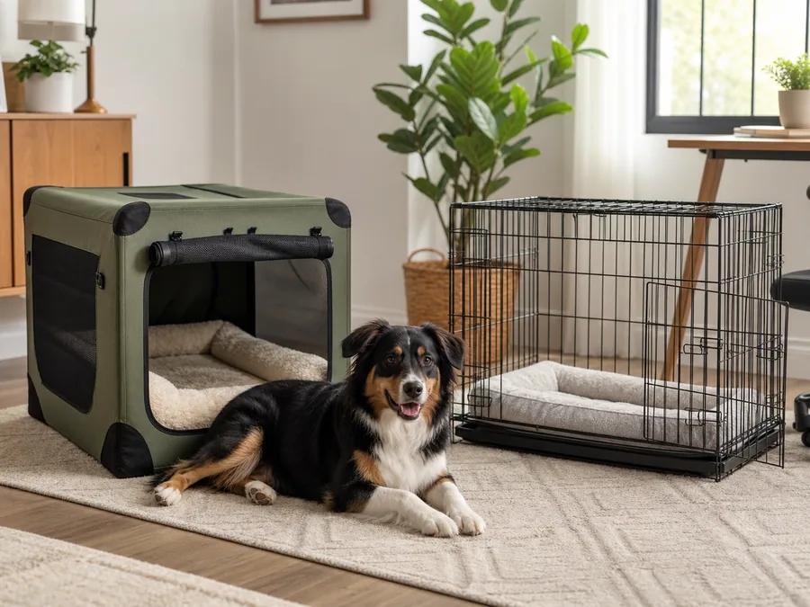 Soft dog crate and wire dog crate in a polished home setting