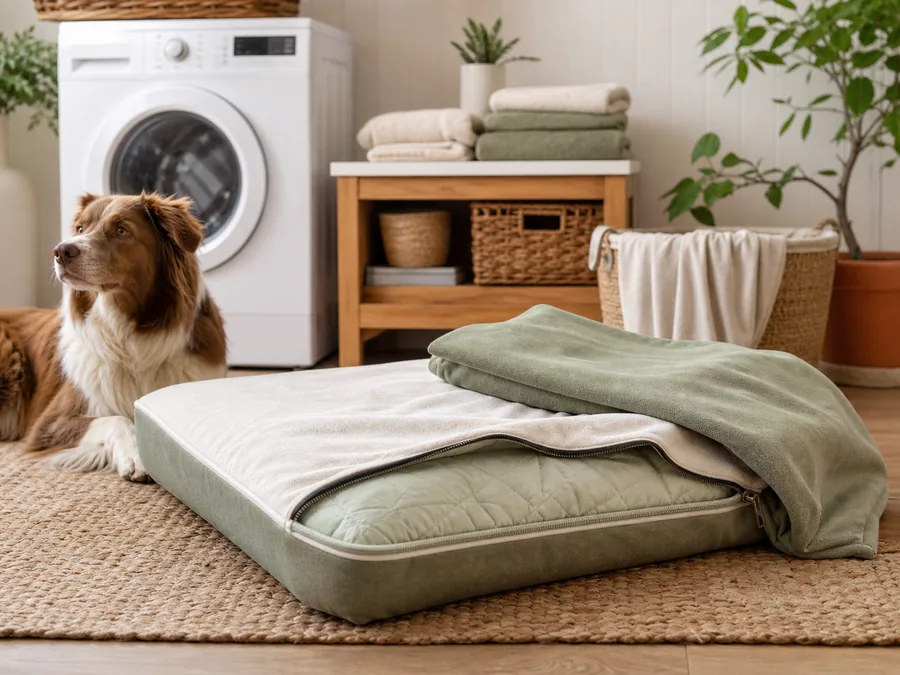 Washable dog bed cover in a bright laundry space with a calm dog nearby