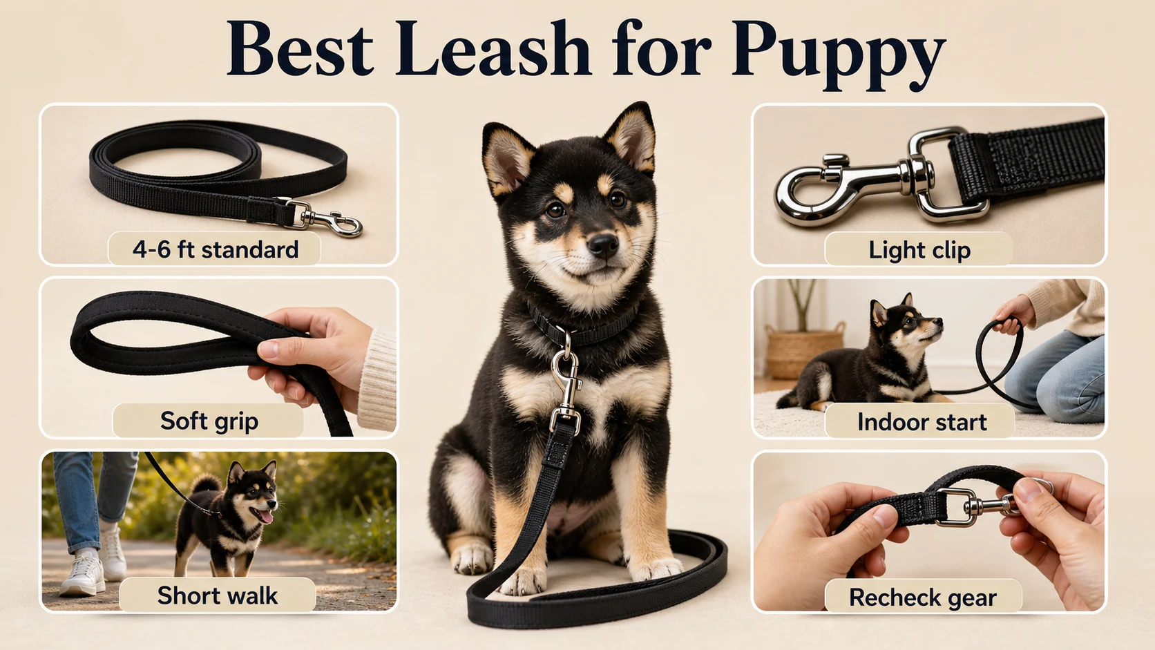 Infographic showing puppy leash buying checks for 4-6 foot standard length, light clip, soft grip, indoor start, short walk, and gear recheck.
