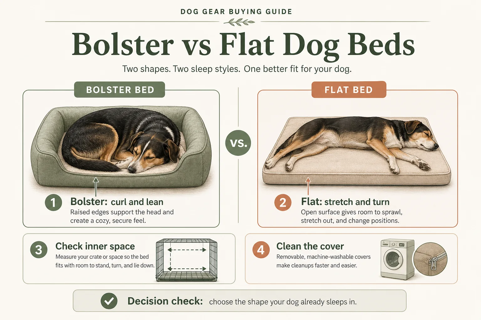 Infographic comparing bolster dog beds and flat dog beds for curlers, sprawlers, usable space, and cleaning.