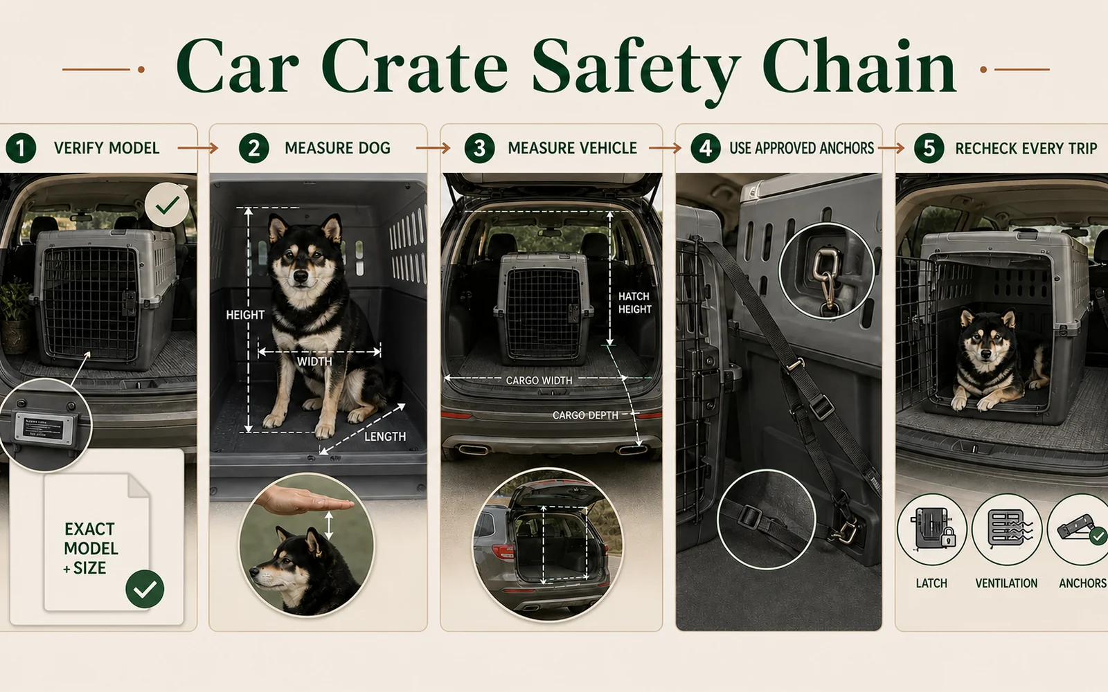 Car crate safety chain featuring Mr. Smoky: verify the exact model, measure the dog, measure the vehicle, use approved anchors, and recheck every trip.