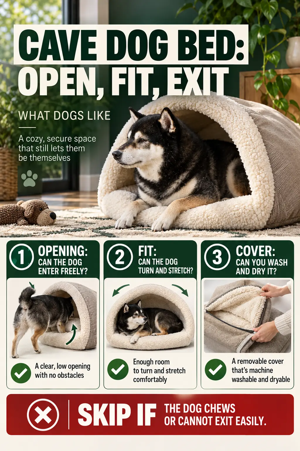 Cave dog bed decision graphic showing clear opening, enough room to turn and stretch, washable cover, and stop signal for chewing or difficult exit