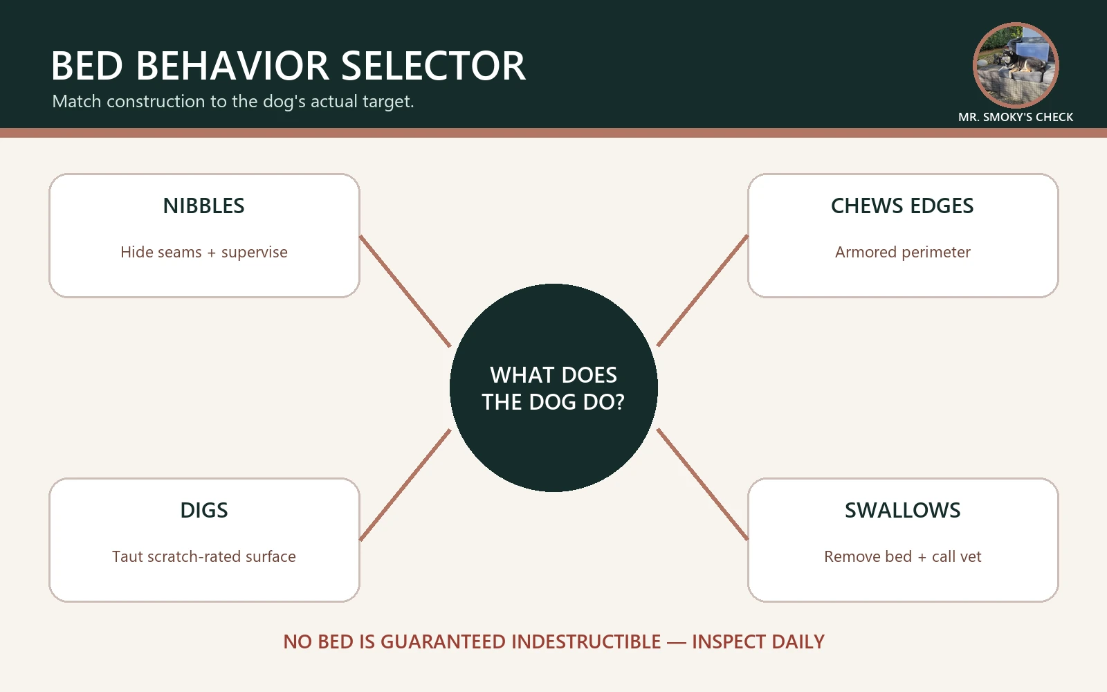 Chew-proof dog bed behavior selector for nibbling, edge chewing, digging, and material swallowing featuring Mr. Smoky