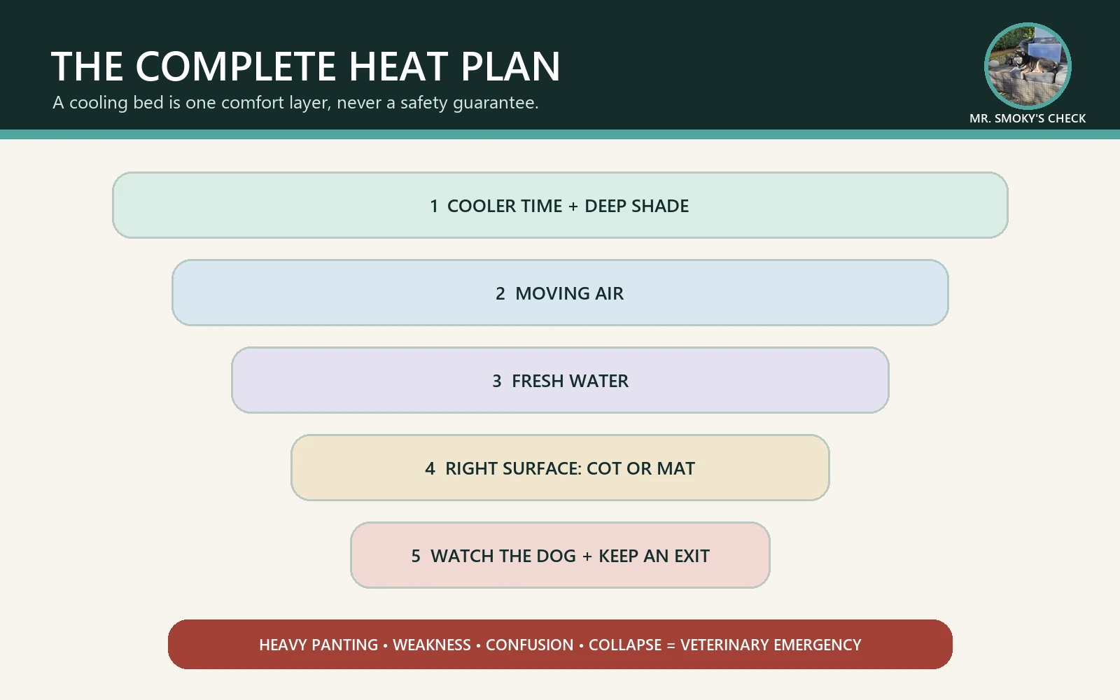 Cooling dog bed heat plan covering shade, airflow, surface, water, and warning signs featuring Mr. Smoky